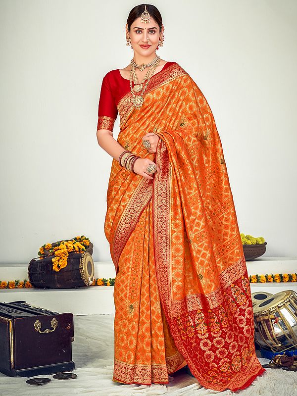 Orange Banarasi Silk Zari Woven Pattern Saree with Floral Vine Motif Borde