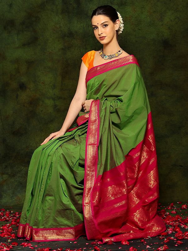 Forest Green Silk Blend Saree with Magenta Border and Golden Zari Threadwork