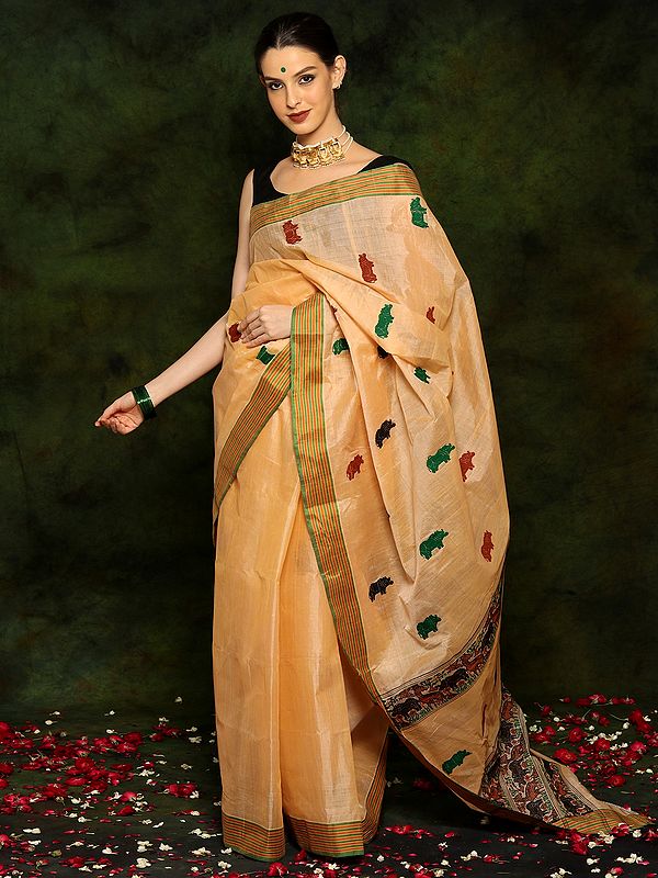 Beige Cotton Bengali Ikat Taant Saree with Traditional Motifs and Border