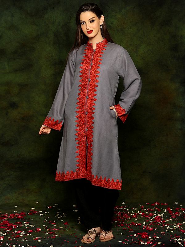 Grey Woolen Long Jacket with Detailed Floral and Paisley Red Aari Embroidery From Kashmir