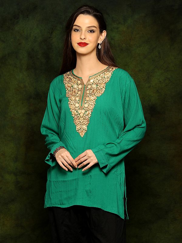 Sea Green Rayon Kurti with Detailed Floral Embroidery on Neck from Kashmir