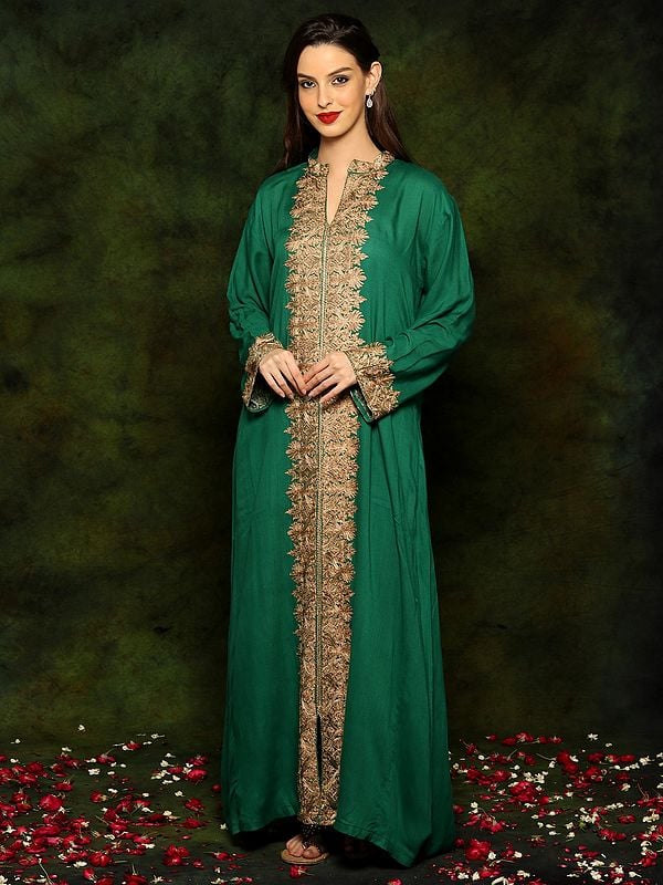 Sea Green Rayon Abaya with Detailed Floral Detailed Aari Embroidery From Kashmir