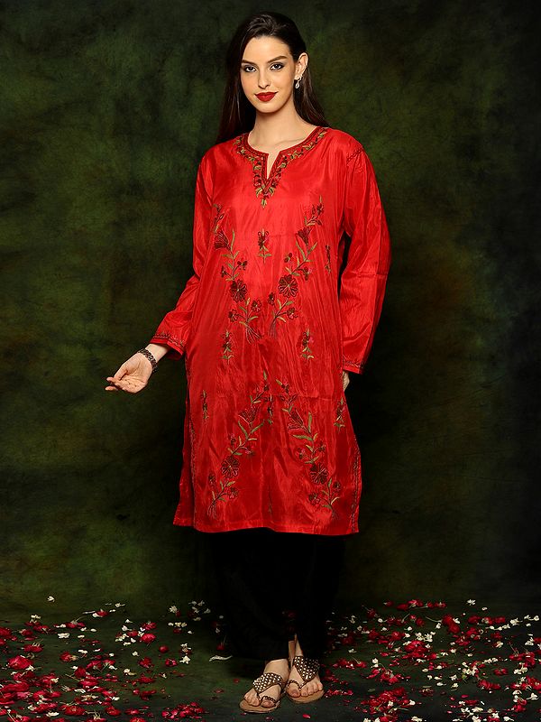 Red Pure Silk Kurti with Detailed Floral Detailed Aari Embroidery From Kashmir