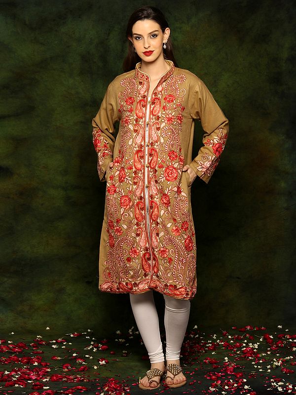 Light Brown Woolen Long Jacket with Detailed Floral and Paisley Red Aari Embroidery From Kashmir