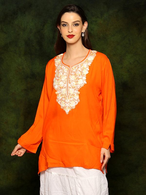 Orange Rayon Kurti with Detailed Floral Embroidery on Neck from Kashmir
