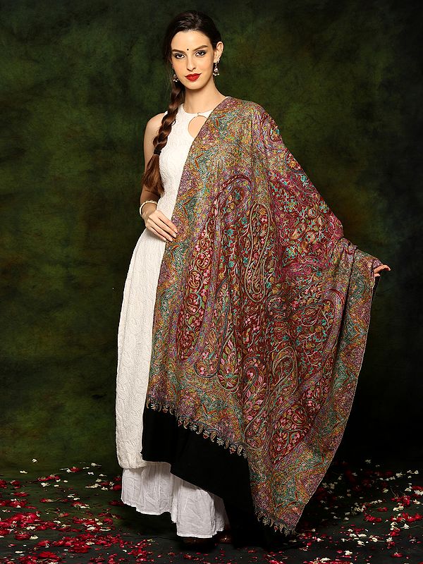 Pure Pashmina Black Paper Mache All Over Heavily Detailed Embroidery Shawl from Kashmir