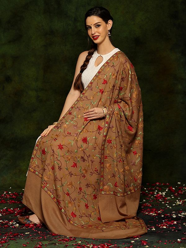 Paisley Aari Embroidery Fine Woolen Shawl from Kashmir