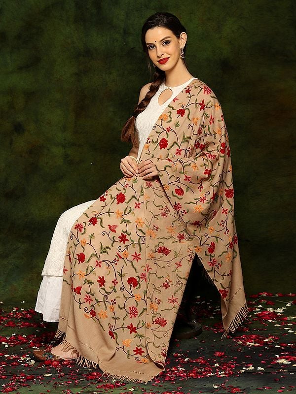 Beige Paisley Aari Embroidery Fine Woolen Stole from Kashmir