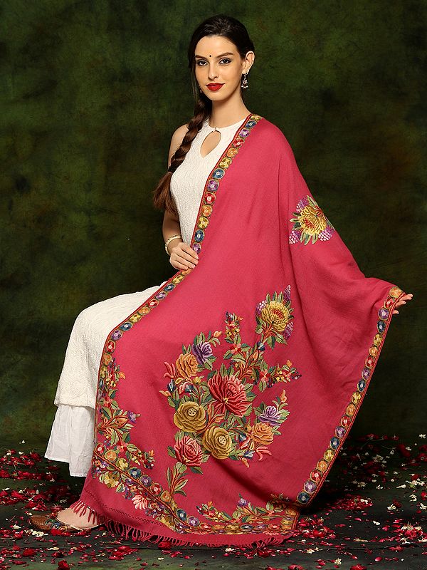 Mauve Pink Fine Woolen Kashmiri Shawl with Floral Aari Embroidery