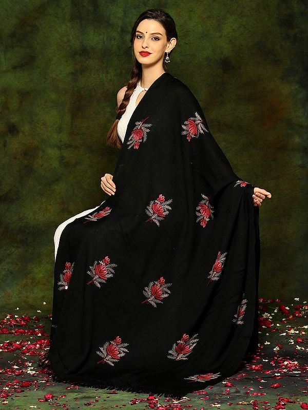 Pure Woolen Shawl with Detailed Floral Aari Butta Embroidery