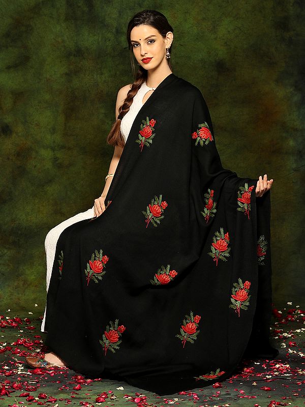 Pure Woolen Shawl with Detailed Floral Aari Butta Embroidery