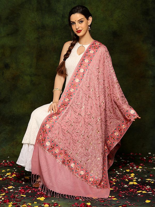 Rose Pink Fine Woolen Shawl with Detailed Floral Aari Embroidery All Over