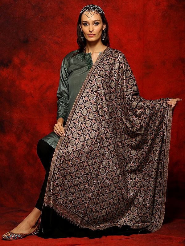 Silk Sozni Jamawar Black Pure Pashmina Embroidered Shawl