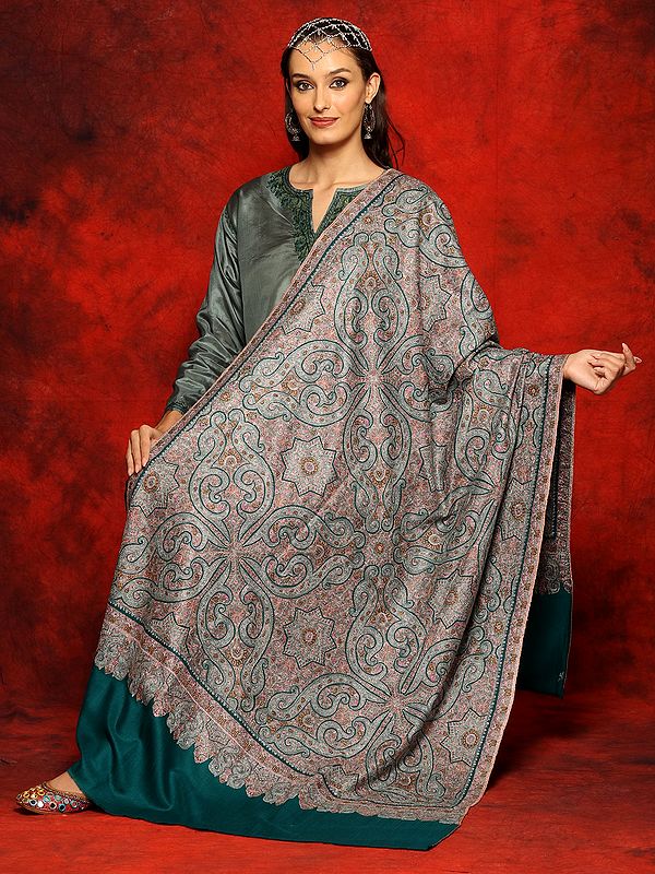 Teal-Blue Pure Pashmina Sozni Jamawar Embroidered Shawl