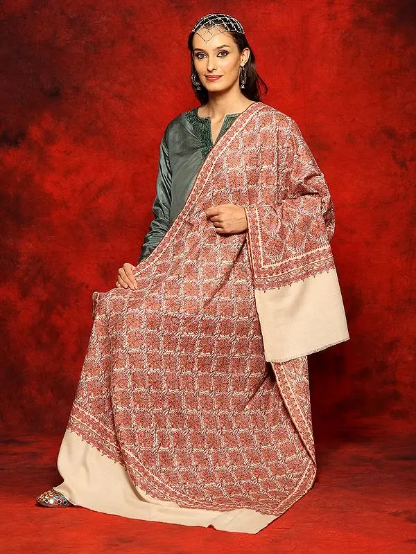 Off-White Pure Pashmina Sozni Jamawar Shawl