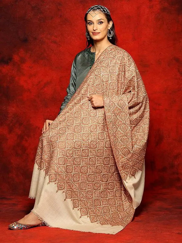 Off-White Pashmina All-Over Jamawar Quatrefoil Pattern Embroidered Shawl