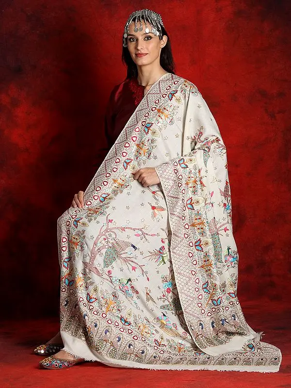 Pure Pashmina White Kalamkari Shawl with Bird Pattern