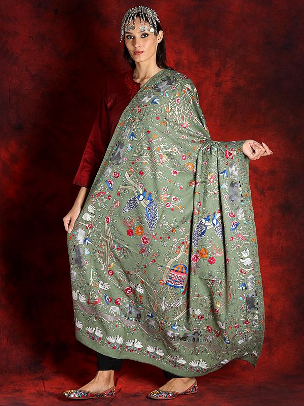 Olive-Green Traditional Pattern Kalamkari Pure Pashmina Shawl