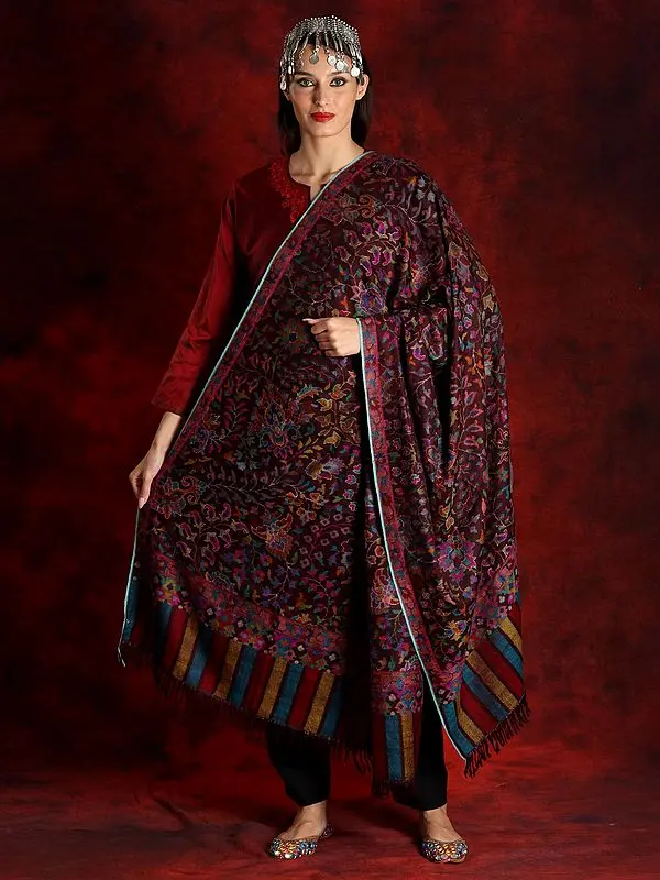 Pashmina Wine Colored Kani Shawl with Phool Bail Pattern