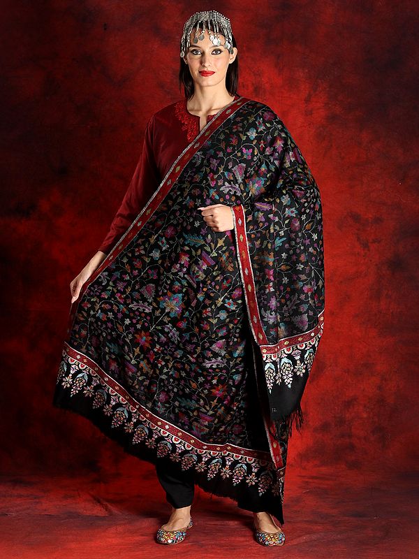 Pashmina Black Colored Kani with Kalamkari Palla Shawl