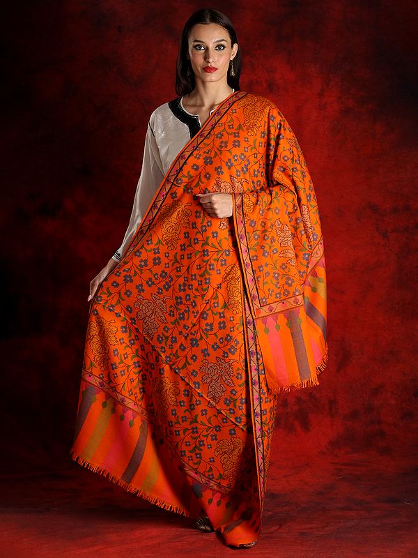 Pure Pashmina Floral Pattern Orange Colored Kani Shawl