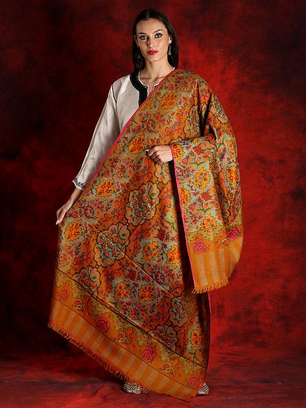 Pure Pashmina Mustard Colored Kani Shawl