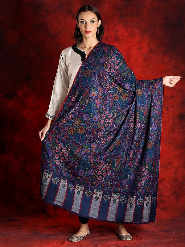 Pure Pashmina Navy-Blue Colored Kani Shawl with Paisley-Floral Motifs