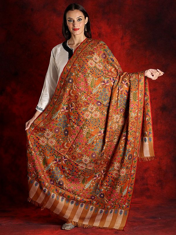 Pure Pashmina Light-Brown Colored Kani Shawl with Multicolored Floral Motifs