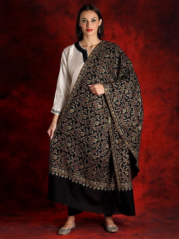 Pure Pashmina Black Sozni Jaal Shawl