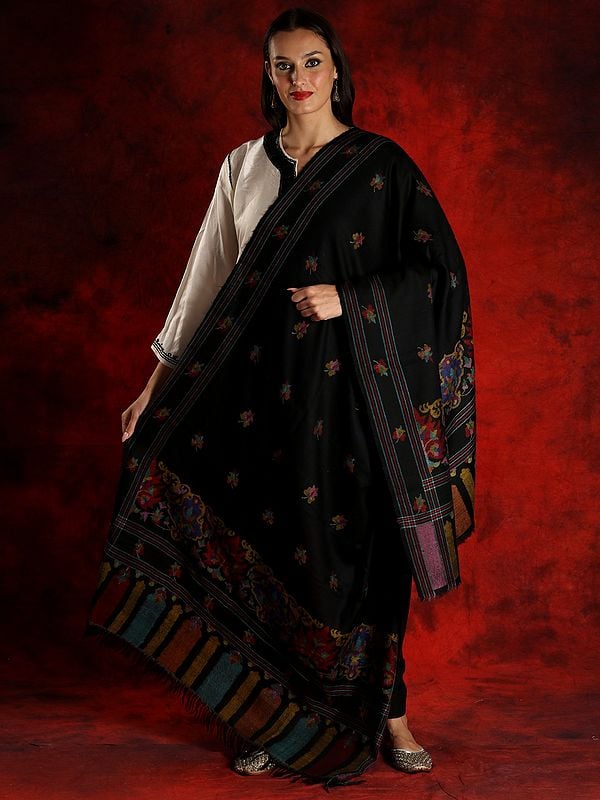 Pure Pashmina Blood-Red Colored Kani Shawl with Palla