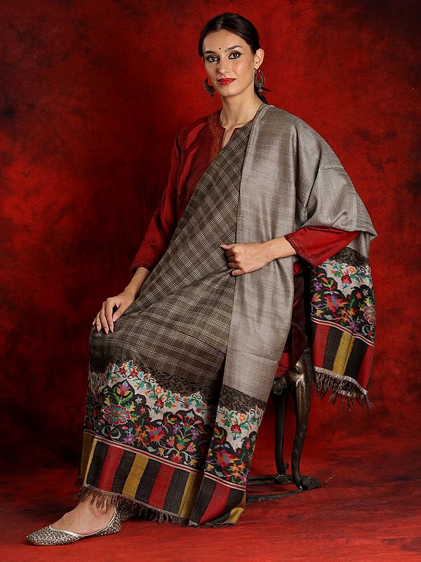 Grey Pure Pashmina Kani Reversible Shawl with Double Shaded Palla