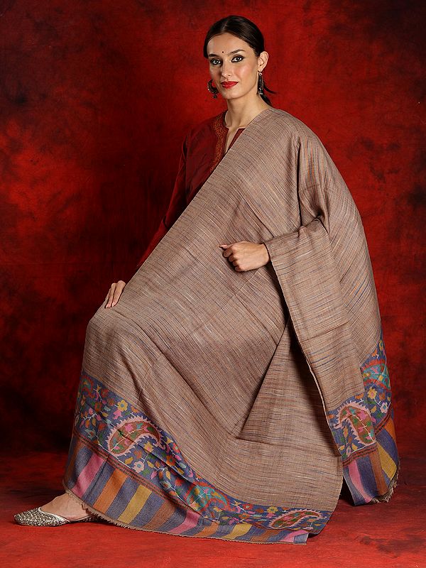 Pure Pashmina Natural Colored Striped Motif Kani Shawl with Floral Pattern Palla