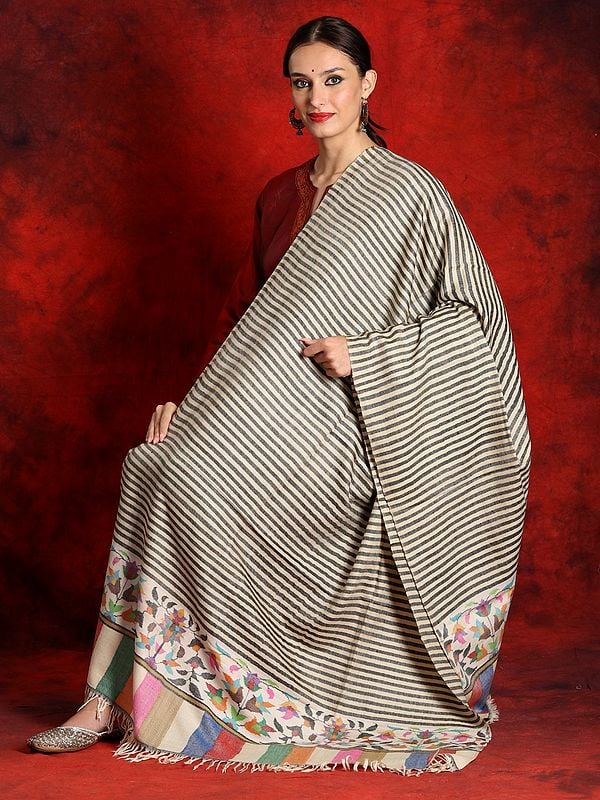 Pure Pashmina Striped Pattern Off-White Kani Shawl with Floral Motif Palla