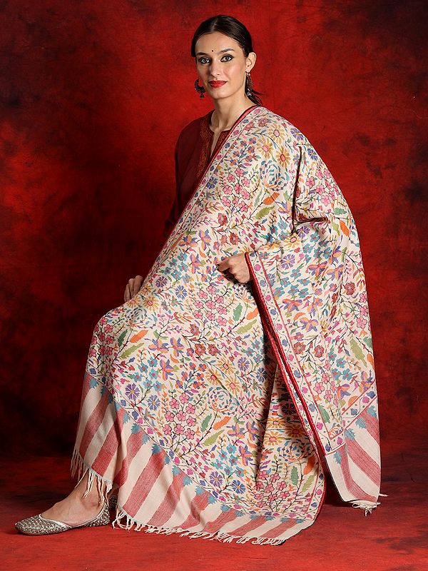 Pure Pashmina White Colored Kani Shawl with All-Over Floral Motif