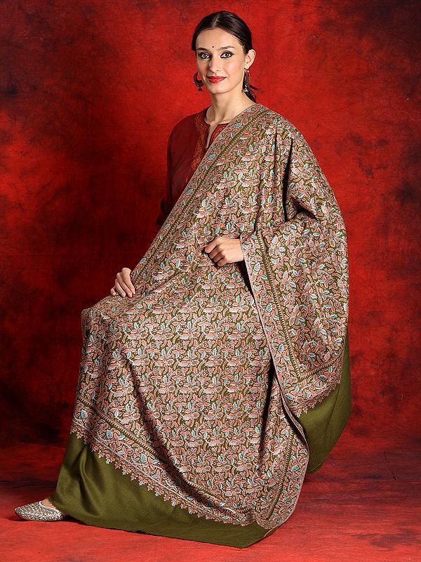 Pure Pashmina Sozni Henna-Green Colored Jamawar Shawl with All-Over Heavy Embroidery