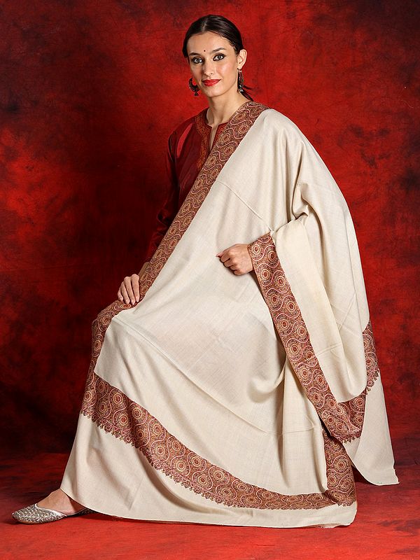 Pure Pashmina Off-White Colored Sozni Embroidered Border Shawl