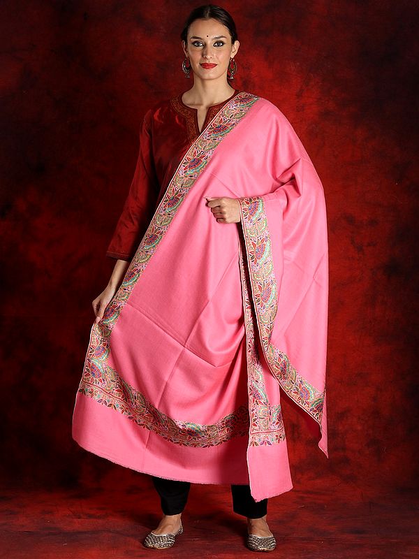 Neon-Pink Pure Pashmina Shawl with Papier Mache Embroidered Border