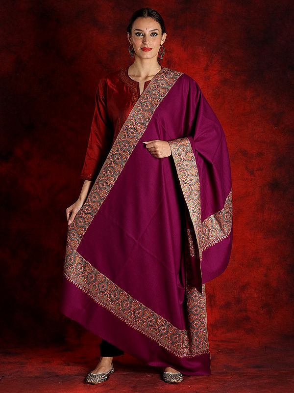 Pure Pashmina Purple Silk Sozni Embroidered Palledar Shawl