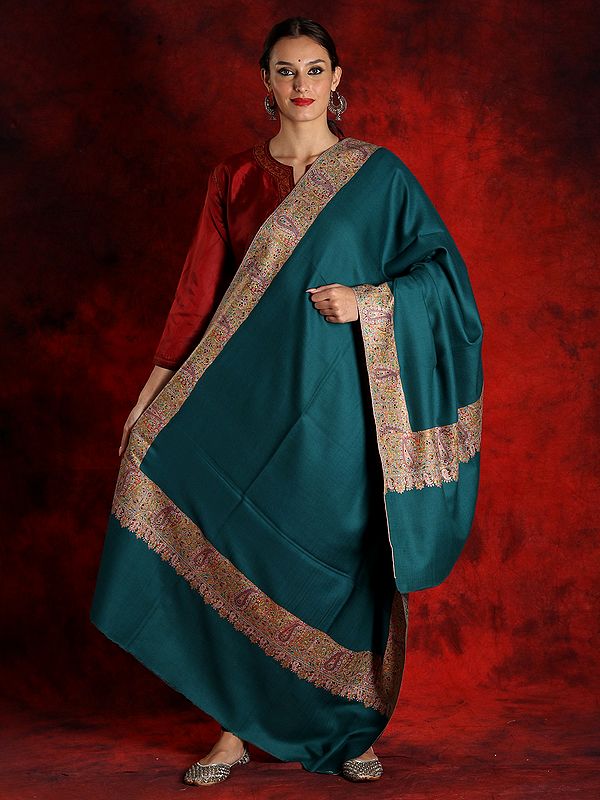 Teal-Blue Pure Pashmina Sozni Papier Mache Shawl With Embroidered Border