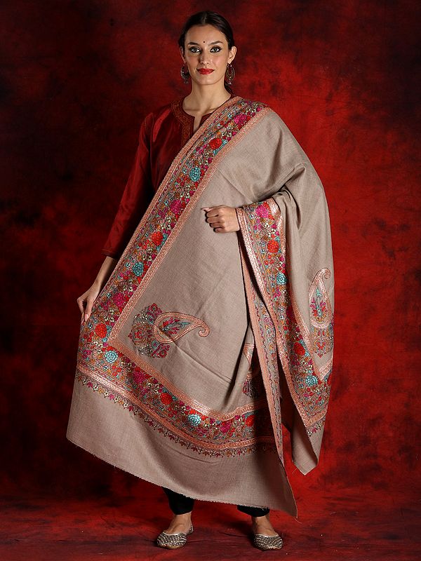 Pure Pashmina Natural Colored Sozni Embroidered Border Papier Mache Zari Shawl