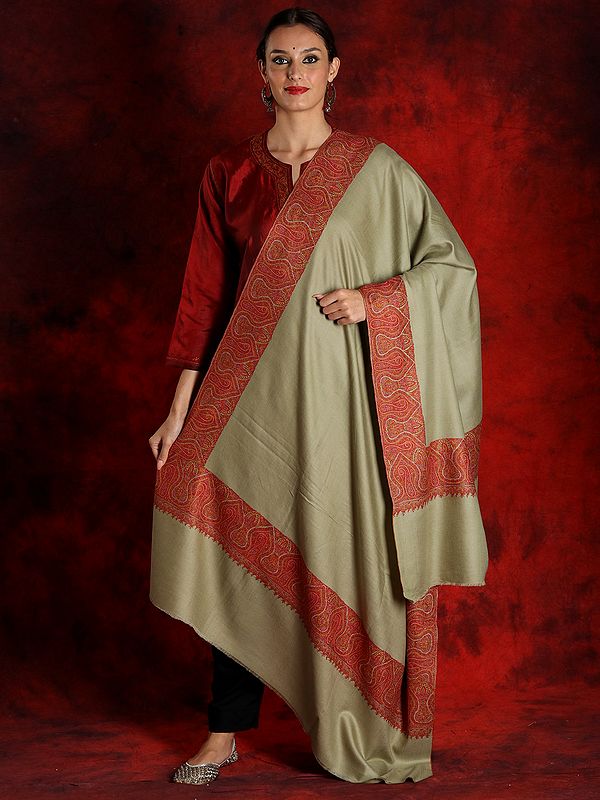 Olive-Green Pure Pashmina Sozni Embroidered Shawl