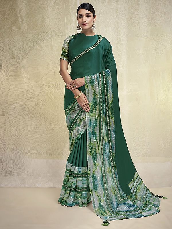 Green Satin Crepe Sequins-Lace Embroidered Saree with Raw Silk Blouse and Latkan Pallu