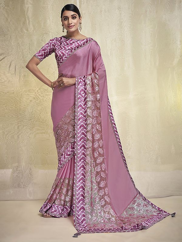 Crepe Georgette Sequins-Lace Embroidered Pink Saree With Satin Silk Printed Blouse And Tassel Pallu
