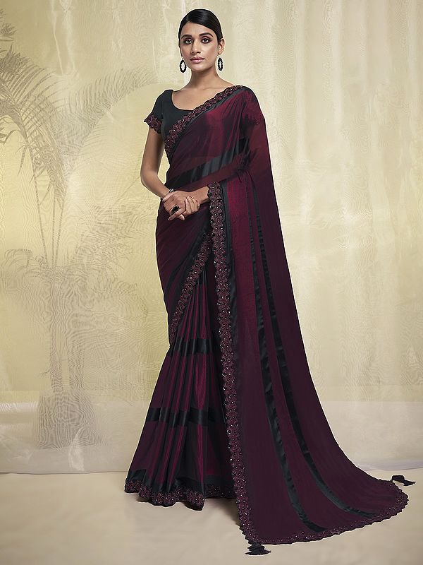 Maroon Georgette Border Embroidered Saree with Black Blouse and Latkan Pallu