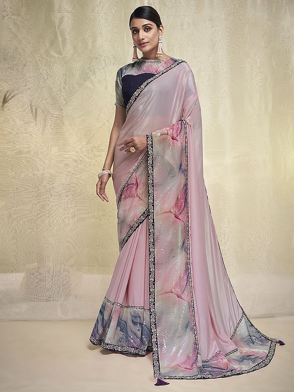 Light-Pink Sequins Embroidered Crepe Silk Georgette Saree With Raw Silk Blouse And Latkan Pallu