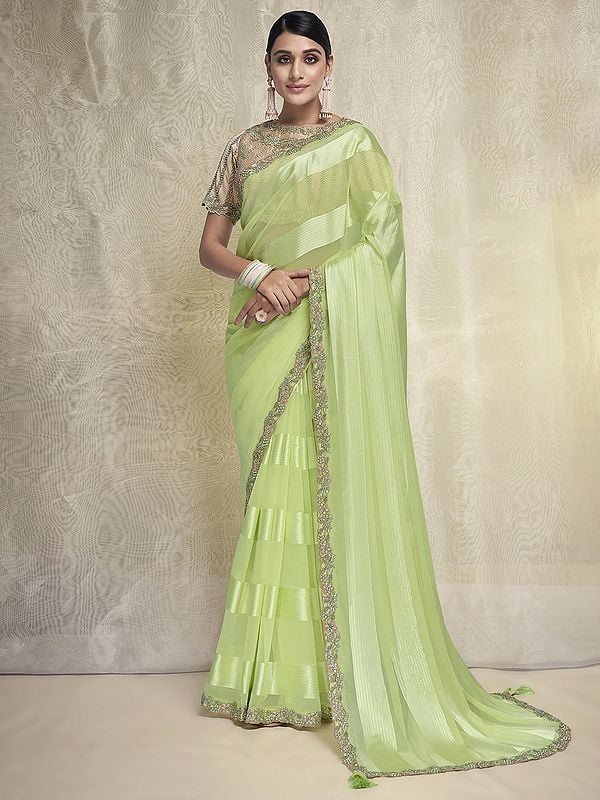 Light-Green Georgette Border Embroidered Saree with Japan Polyester Peach Blouse and Latkan Pallu