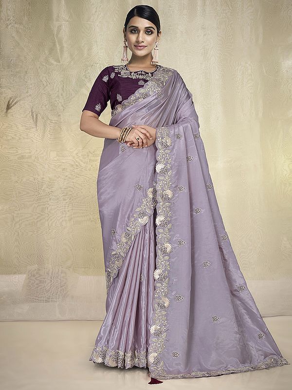Violet Crepe Silk Saree Gota Work Floral Butta Saree with Raw Silk Wine Blouse and Scalloped Border