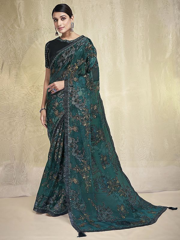 Organic Burnt Sea-Green Printed Saree with Japan Polyester Black Blouse and Floral Mirror Work Border