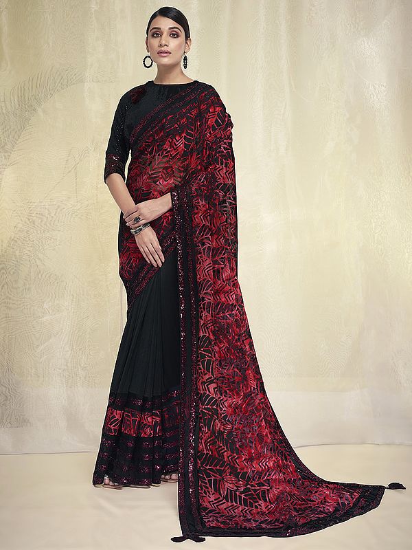Red & Black Brasso-Crepe Applic Work Saree with Net Blouse and Sequins Embroidery