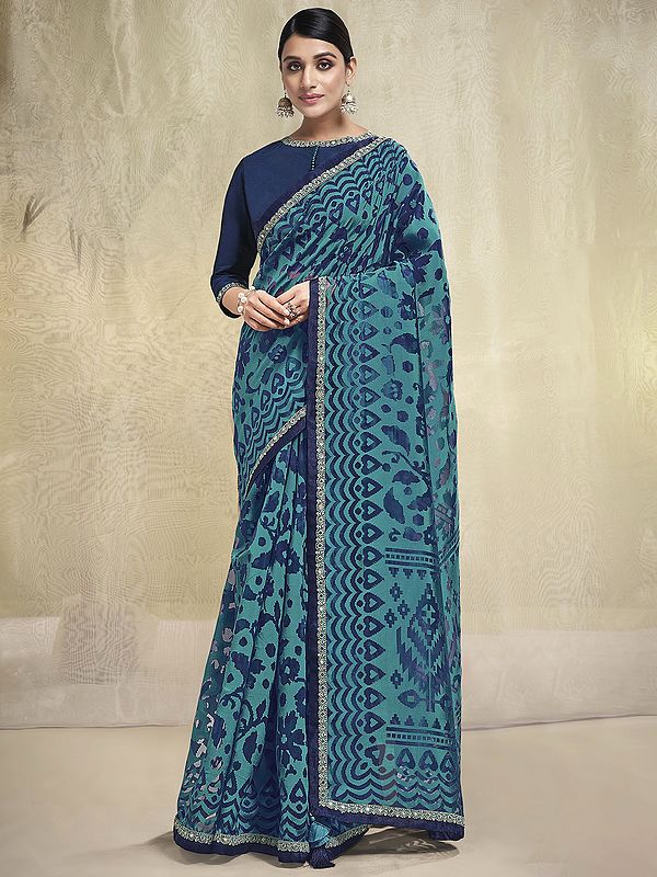 Organza Blue Floral Pattern Saree with Blouse